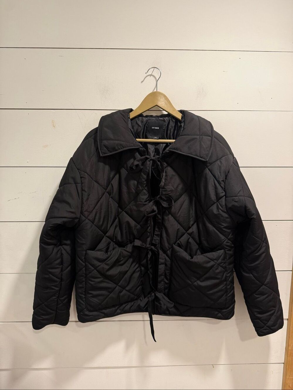 Cotton On Black Diamond Quilted Puffer Jacket L/XL Tie Front Oversized Coat